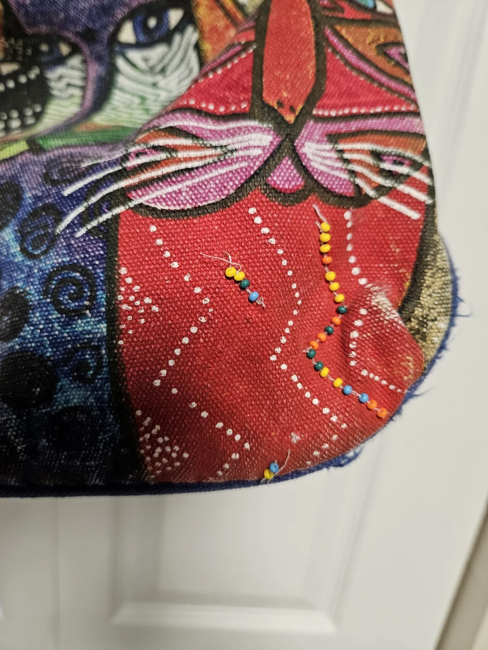 Laurel Burch Multicolor Cat Print Signed Artwork Crossbody Purse Distress 14x9x3